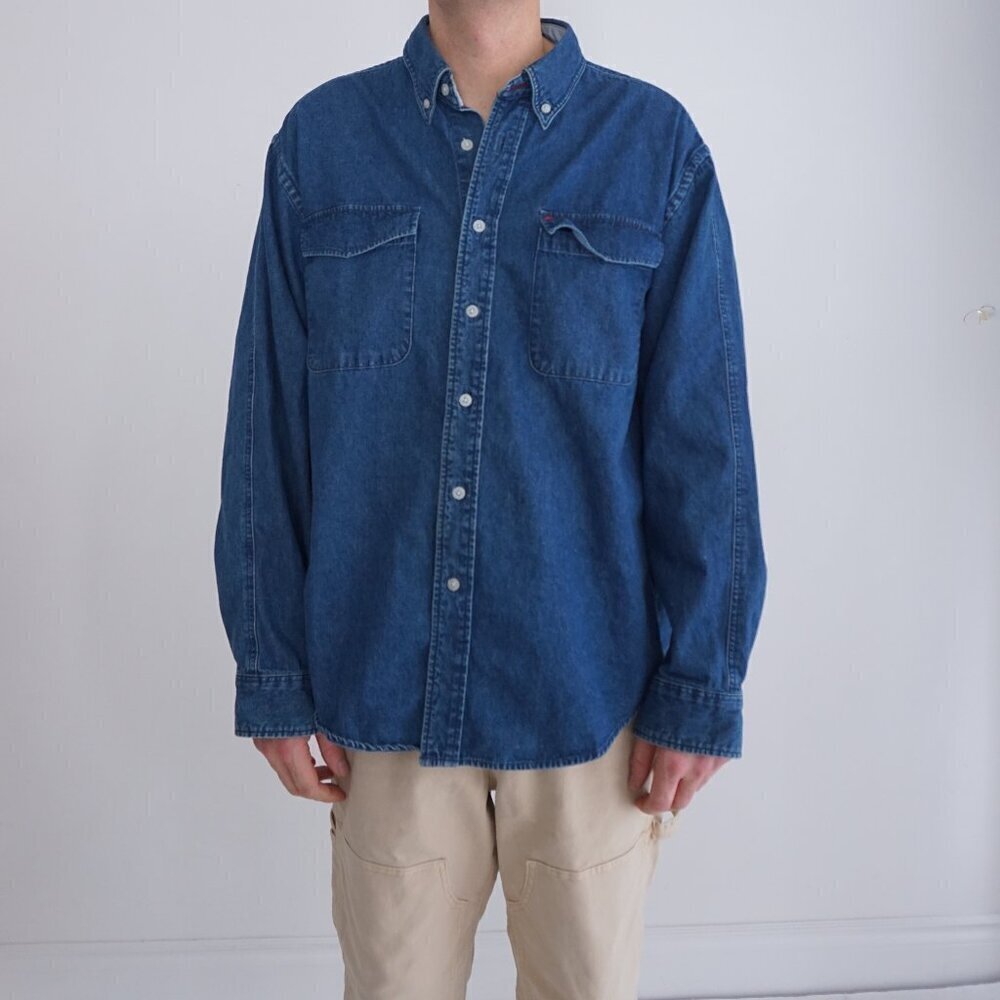 Vintage '90S R&R Dark Wash 100% Cotton Button Down Denim Blue Shirt Large
